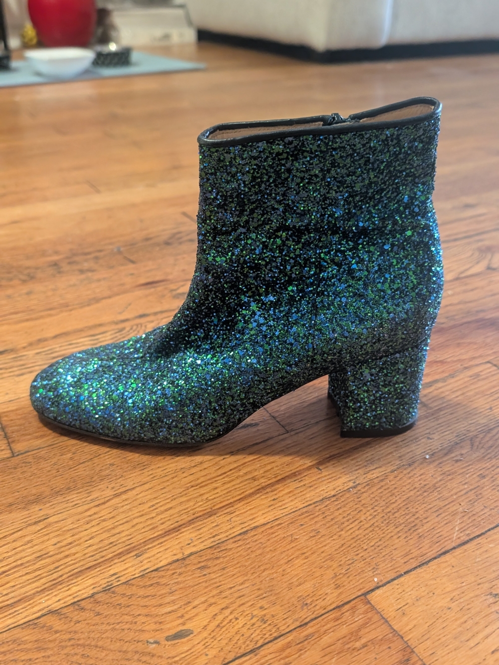 J. Crew Iridescent Green-Blue Glitter Ankle Boots